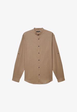 Camicia marrone a maniche lunghe con colletto alla coreana, chiusura con bottoni sul davanti e maniche risvoltate. Tessuto morbido con un motivo sottile. Taglia XL.