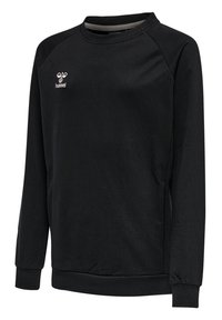 Svart tröja med rund halsringning, långa raglanärmar, ribbade ärmslut och en subtil logotyp på bröstet. Slen tygtextur.