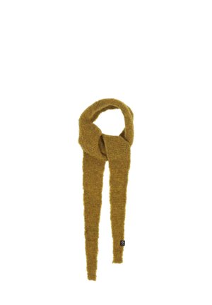 Knit scarf in a solid mustard color, featuring a soft, fuzzy texture with two elongated ends and a looped middle. Black label at the edge.