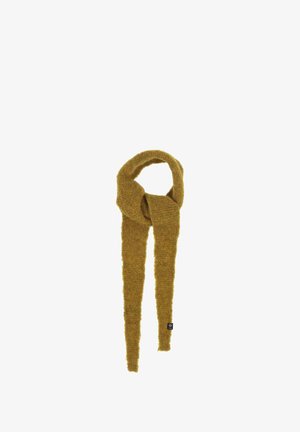 Knit scarf in a solid mustard color, featuring a soft, fuzzy texture with two elongated ends and a looped middle. Black label at the edge.