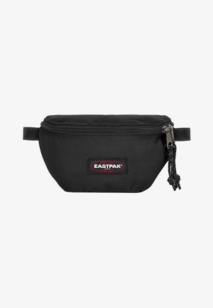 Black waist bag made of durable fabric, featuring a zip closure, adjustable strap, and a red and black logo patch on the front.