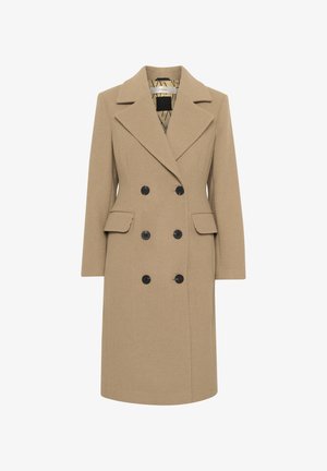 Double-breasted coat in tan wool blend, featuring black buttons, notched lapels, and two side pockets; fully lined with a patterned interior.