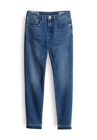 Jean skinny en denim bleu avec poches avant et arrière, passants de ceinture, bouton et fermeture éclair, posé à plat sur fond blanc.