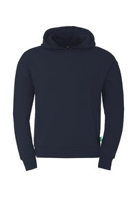 Hoodie bleu marine en tissu doux et texturé. Doté d'une grande poche avant, d'une capuche avec cordon de serrage ajustable et de poignets et ourlet côtelés.
