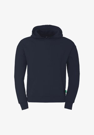 Marineblauwe hoodie van zacht, gestructureerd materiaal. Voorzien van een grote voorzak, verstelbare trekkoordkap en ribgebreide manchetten en onderrand.