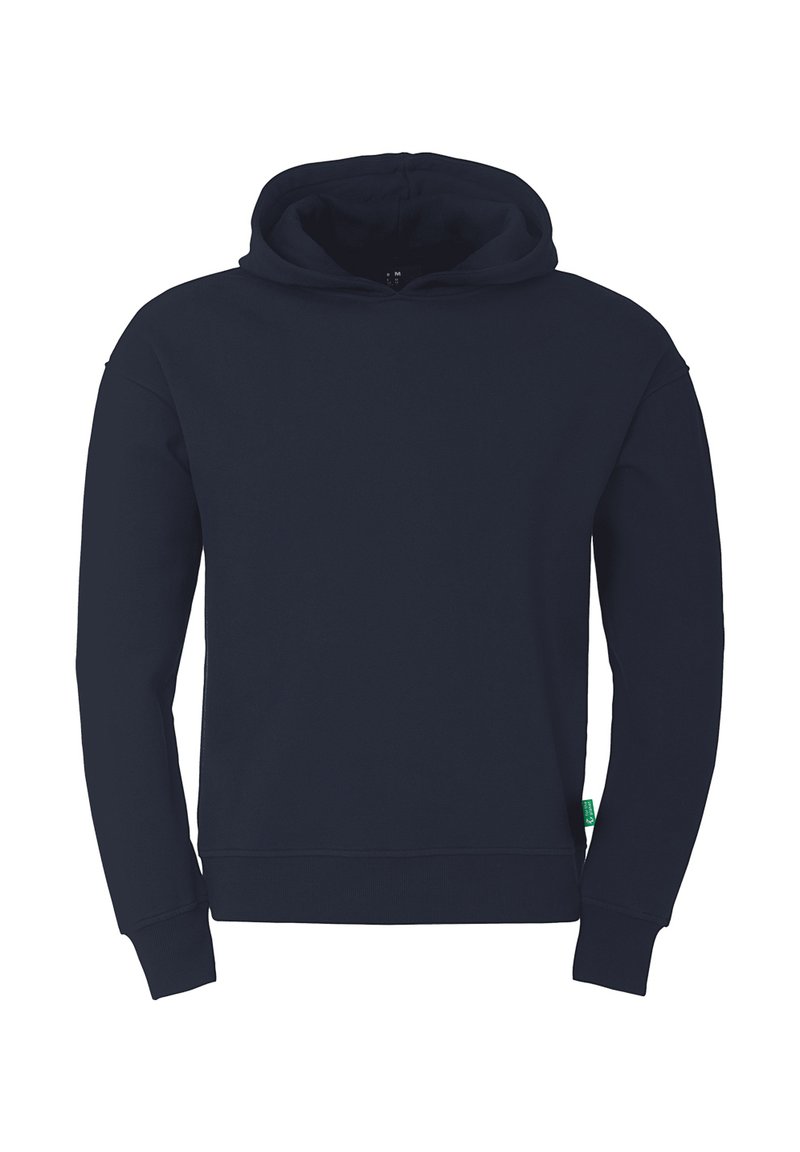 Hoodie bleu marine en tissu doux et texturé. Doté d'une grande poche avant, d'une capuche avec cordon de serrage ajustable et de poignets et ourlet côtelés.