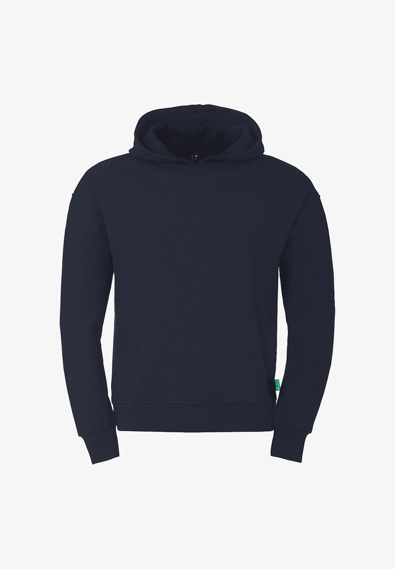 Hoodie bleu marine en tissu doux et texturé. Doté d'une grande poche avant, d'une capuche avec cordon de serrage ajustable et de poignets et ourlet côtelés.