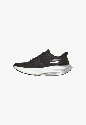 Schwarzer sportlicher Laufschuh mit weißer Sohle und seitlichem Logo, mit leichtem Mesh-Obermaterial und gepolsterter Arch Fit-Zwischensohle.