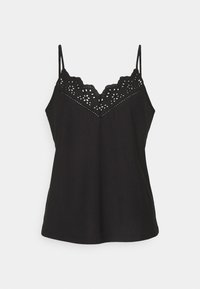 Svart linne med spetsdetaljer längs V-halsen, med känsliga utskurna blommönster och tunna justerbara spaghetti-remmar.