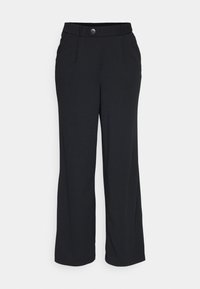Pantalones anchos negros confeccionados en una tela suave, con cierre de botón, frente plisado y cinturilla entallada para un aspecto estructurado.