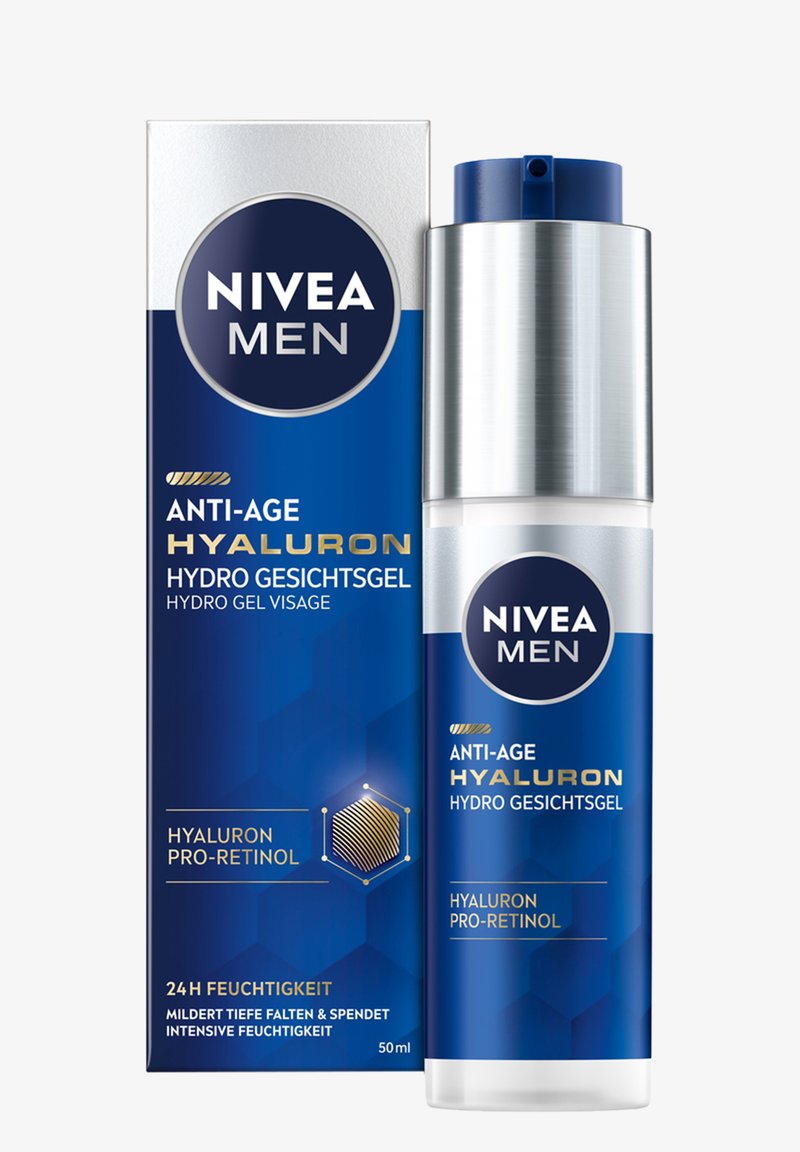 NIVEA Men Anti-Age Hyaluron Hydro Gel mit Pro-Retinol, 50 ml Flasche mit silberner Pumpe, neben ihrer blauen und silbernen Verpackungsbox gezeigt.