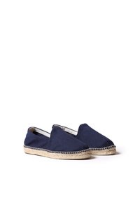 Espadrillas blu navy con tessuto a spina di pesce, design slip-on e suole avvolte in juta. Presentano dettagli cuciti lungo il bordo.
