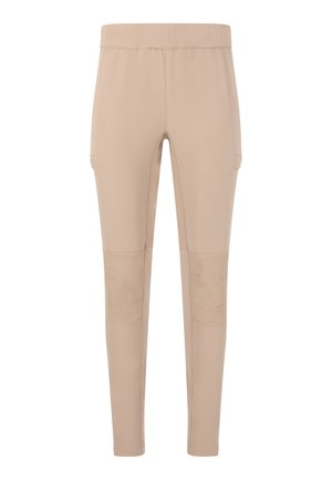 Pantalon beige ajusté avec taille élastique, genouillères et poches latérales, conçu pour une coupe près du corps et fuselée.