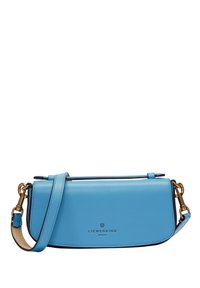 Niebieska skórzana torba na ramię z regulowanym paskiem, zapięciami w kolorze złotym i logo "Liebeskind Berlin" z przodu.