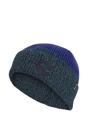 Gebreide wintermuts met donker groene en blauwe delen, met een zwart pootafdruklogo aan de voorkant en een klein stoffen merkembleem aan de zijkant.