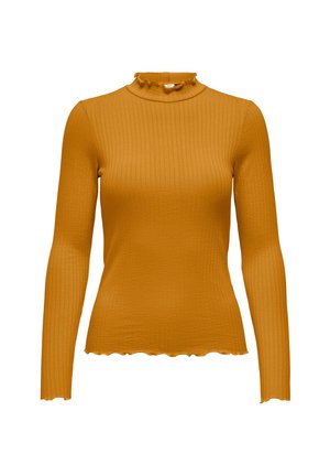 Geribbelde langemouwen top in mosterdgeel met een hoge nek en gerimpelde afwerking. Heeft een aansluitende vorm en een golvende zoom bij de polsen.