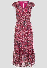 Robe midi à fleurs de couleur rose vif, dotée de manches courtes à volants, d'un col en V et d'une taille cintrée avec un lien. Détail de bas à volants en voile transparent.