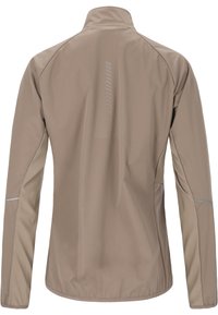 Veste légère beige vue de dos, avec manches longues, col montant et bandes réfléchissantes sur le haut du dos et les avant-bras.