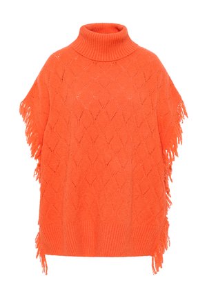 Orange strikket poncho med høj hals, der har et diamantmønster, ribbet kant og frynser for tekstur og detaljer.