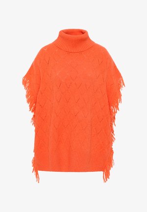 Narancssárga kötött poncsó, turtleneck gallérral, gyémánt mintázattal, bordás szegéllyel és frufru széllel a textúra és részletek érdekében.