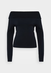 Pull bleu marine style épaules dénudées avec manches longues, col côtelé et silhouette ajustée. Confectionné dans un tissu doux et lisse.