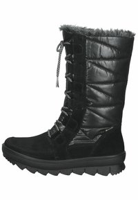 Botas de invierno negras hasta el tobillo con parte superior de ante y waterproof brillante, caña de tejido acolchado, suela texturizada y cordones ajustables.