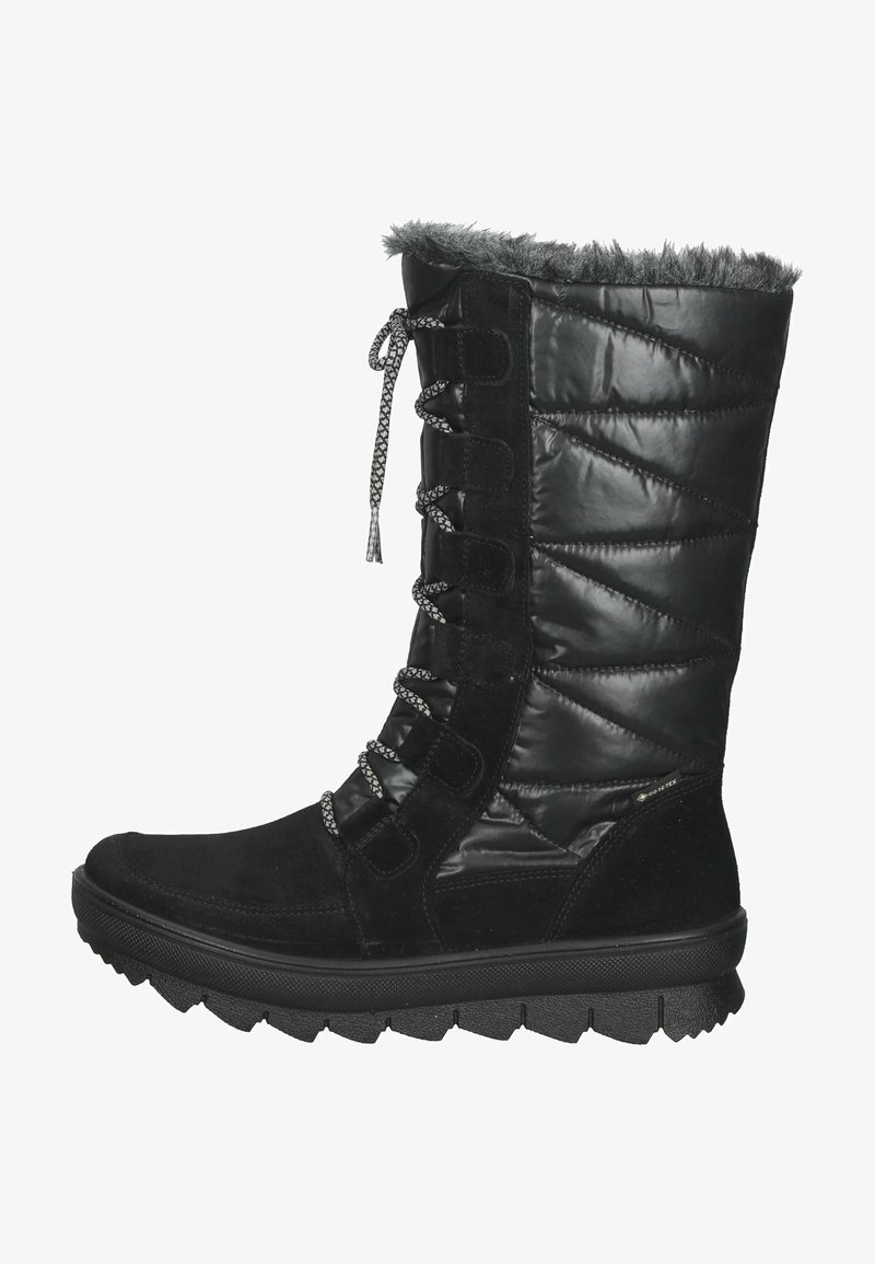 Černé zimní boty kotníkového střihu s voděodolným svrchním materiálem z semiše a lesklého materiálu, polstrovaným textilním svrškem, texturovanou podrážkou a nastavitelnými tkaničkami.