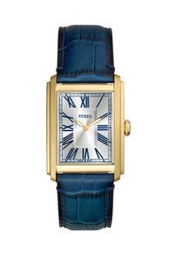 Obdélníkové hodinky Fossil se stříbrným ciferníkem, modrými římskými číslicemi, pouzdrem ve zlatém tónu a texturovaným modrým koženým páskem s kontrastním prošíváním.