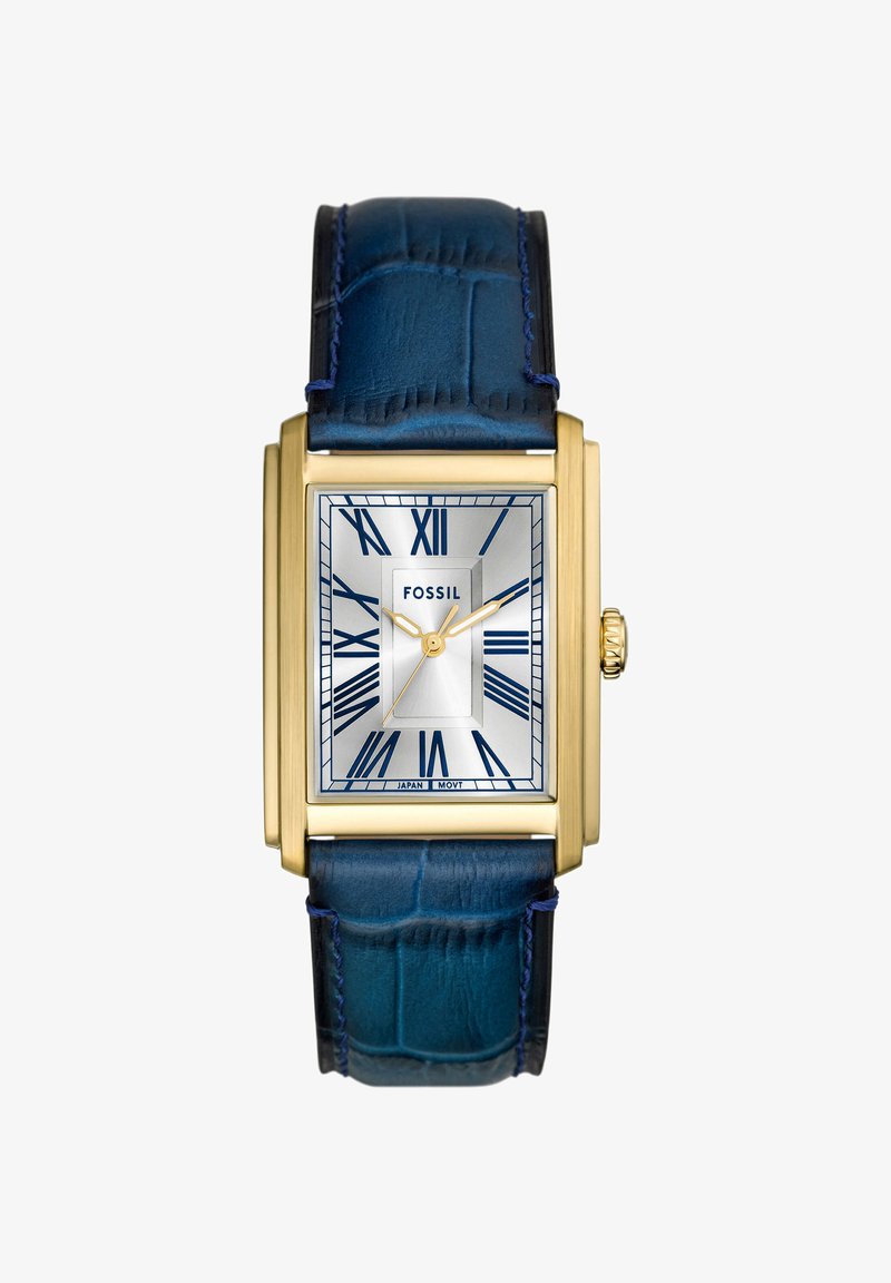 Obdélníkové hodinky Fossil se stříbrným ciferníkem, modrými římskými číslicemi, pouzdrem ve zlatém tónu a texturovaným modrým koženým páskem s kontrastním prošíváním.