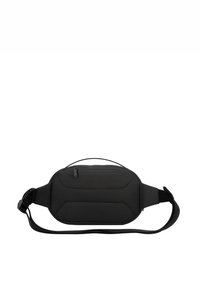 Marsupio nero realizzato in tessuto texturizzato, con una forma curva, tasca frontale con cerniera e tracolla regolabile con fibbia in plastica.