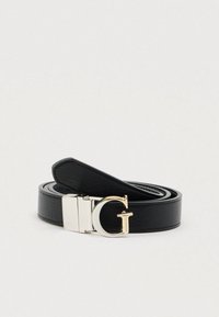 Μαύρη δερμάτινη ζώνη με υφή, με λαμπερή ασημένια και χρυσή αγκράφα σε σχήμα γράμματος "G".