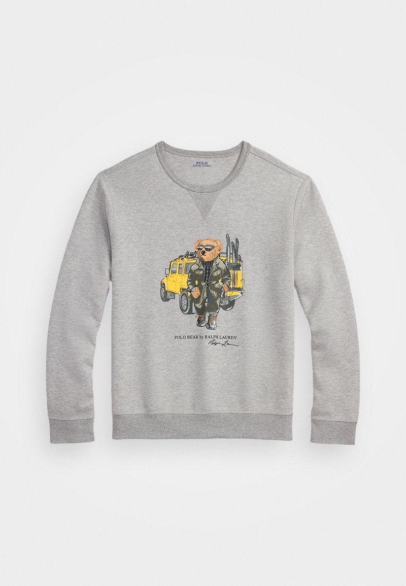 Gray sweatshirt with crew neckline, featuring a colorful graphic of a bear in military attire and a yellow vehicle. Soft fabric, ribbed cuffs.
