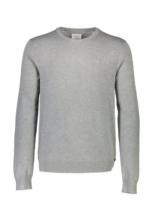 Grauer Pullover aus weichem Stoff mit Rundhalsausschnitt, langen Ärmeln, gerippten Bündchen und einem dezenten Logo auf der Brust.