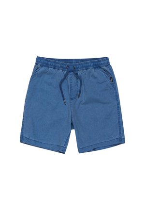 Shorts de bain bleus en tissu léger, avec une taille élastique et un cordon de serrage, des poches latérales et un design décontracté.