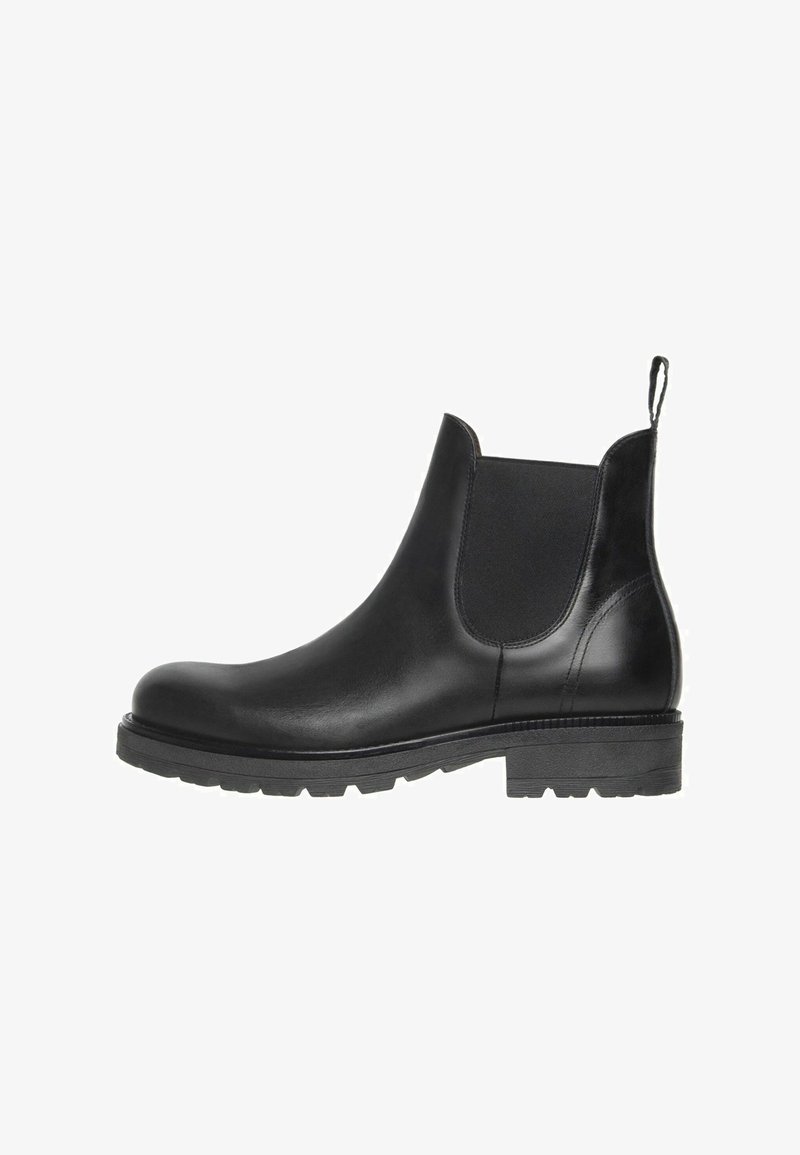 Black leather Chelsea ankle boot with elastic side panels, pull tab at the back, and a low, chunky rubber sole.
