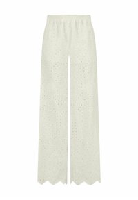 Witte, wijde broek met een elastische tailleband, voorzien van olievinger borduursel en gegolfde randen. Lichtgewicht, ademend materiaal.