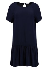 Robe bleu marine à manches courtes avec encolure ronde, fermeture au dos par bouton en forme de goutte, et ourlet évasé froncé.