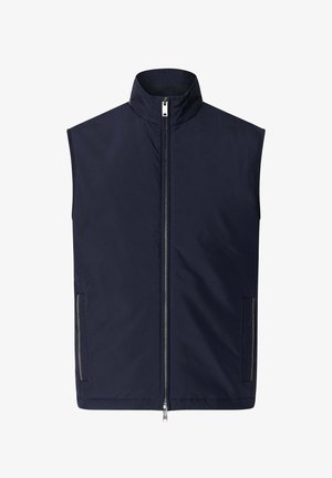 Tmavomodrá bezrukávová vesta s vysokým golierom, predným zipsom a bočnými vreckami, vyrobená z hladkej látky.