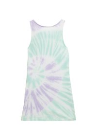 Haljina bez rukava, u tie-dye stilu u zelenim i lavandastim bojama s spiralnim uzorkom. Izrađena od mekog, laganog materijala, s okruglim izrezom.