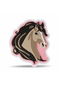 Horse head design featuring a beige and black color scheme, intricate detailing, and a soft pink outline, made from a durable material.