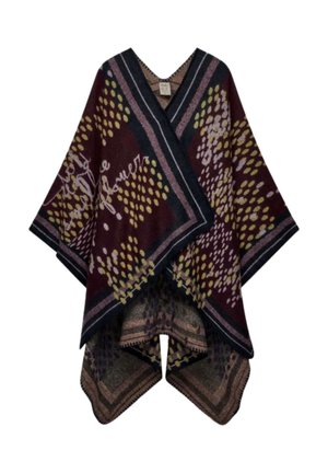 Poncho bordeaux scuro con motivi a pois gialli e viola, bordi a righe neri e rosa e design ampio e drappeggiato.