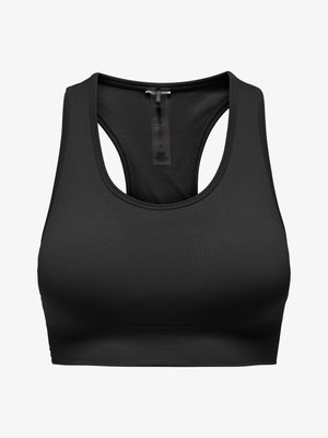 Zwarte naadloze sportbeha met racerback-ontwerp en elastische onderband voor ondersteuning, geschikt voor sportactiviteiten.