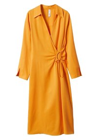 Robe portefeuille orange à manches longues avec col et détail froncé sur le côté, noué en un nœud, longueur au genou avec petites fentes aux manches.
