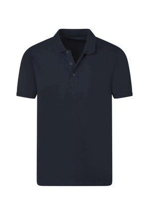 Polo bleu marine à manches courtes avec col et patte à trois boutons, présenté sur un fond blanc.