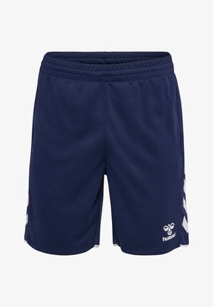 Donkerblauwe sportshorts met elastische tailleband, witte chevronstrepen aan de zijkanten en wit hummel-logo op het onderste deel van het rechterbeen.