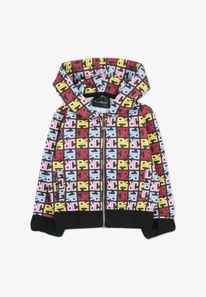 Sweatshirt à capuche zippé avec imprimé logo multicolore sur fond noir, avec des poignets et un ourlet noirs contrastants.