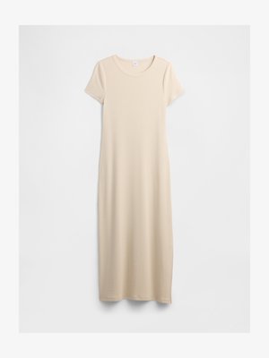 Bež obleka maxi s kratkimi rokavi, izdelana iz elastičnega materiala, z okroglim ovratnikom in preprosto, gladko teksturo brez vzorcev ali okraskov.