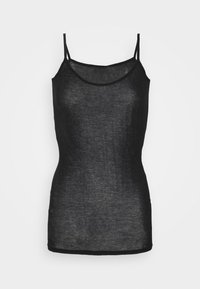 Musthave musta varrukateta topp, mis on valmistatud läbipaistvast kangast, ümara kaelusega ja peenikeste rihmadega, keha lähedane lõige ning sirge äärega.