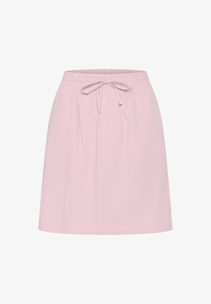 Jupe en lin rose avec taille élastique et cordon de serrage. Le tissu a une texture lisse et une forme évasée décontractée.