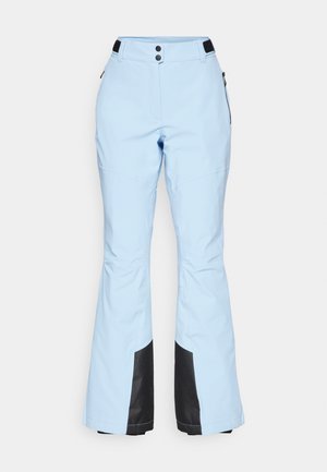 Helle blaue Skihosen mit ausgestelltem Bein-Design, schwarzen Akzenten am Saum, zwei Knöpfen an der Taille und seitlichen Reißverschlusstaschen.